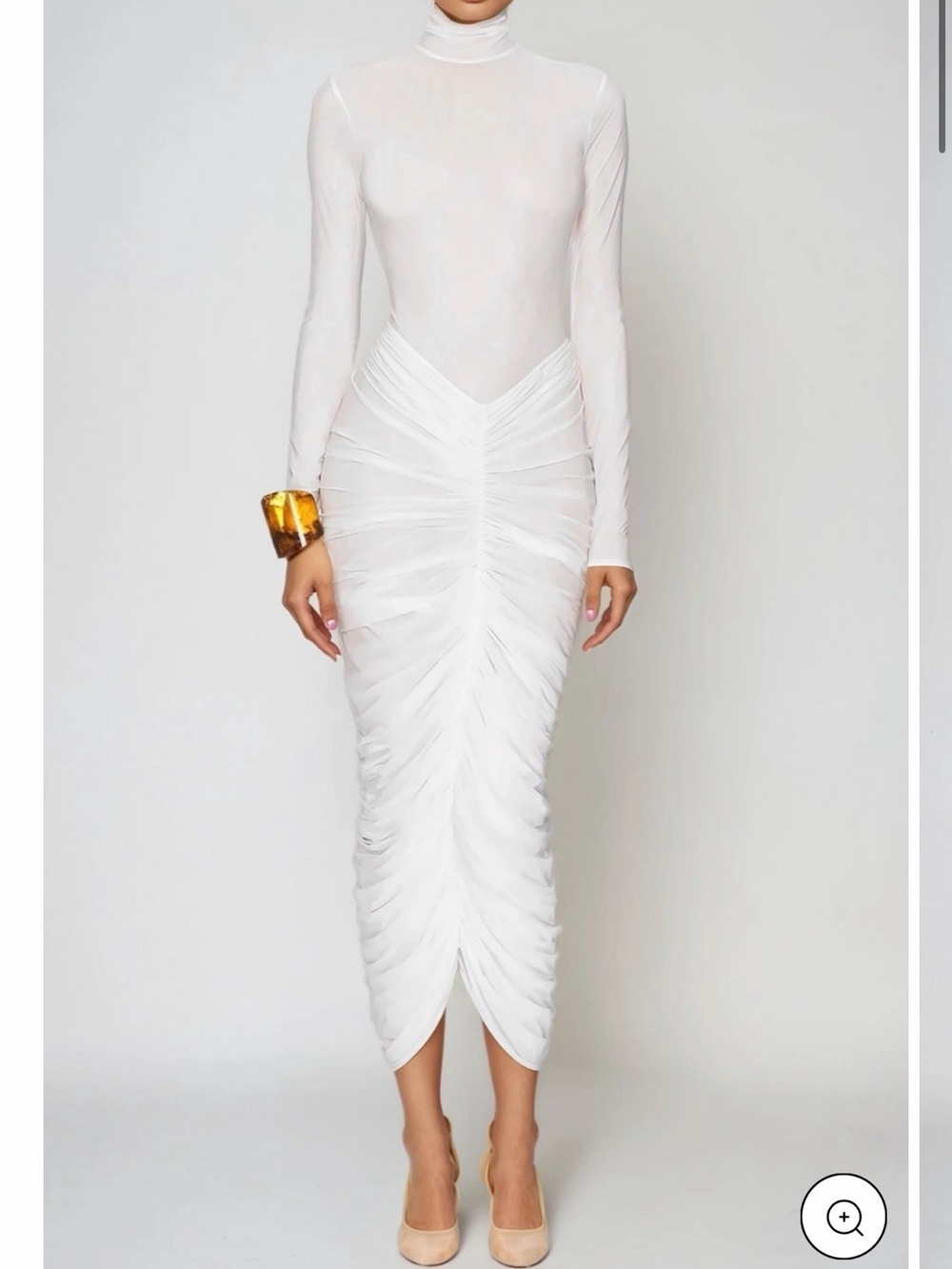 White Long-Sleeve Ruched Midi Dress with High Neck